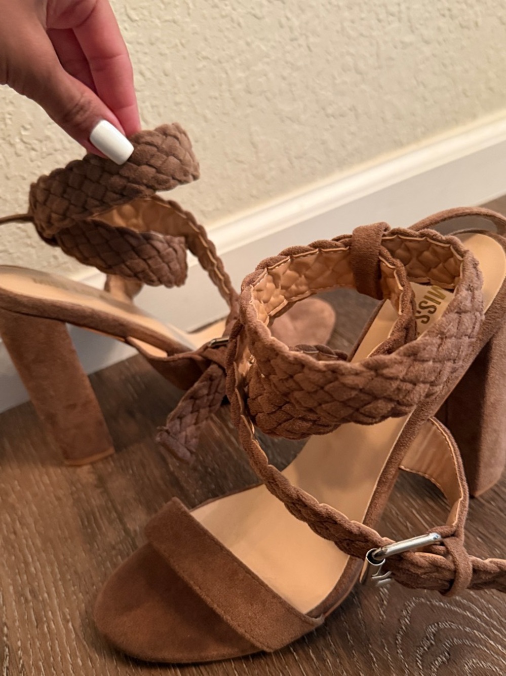 Miss Lola Brown Braided Block Heel Sandals
